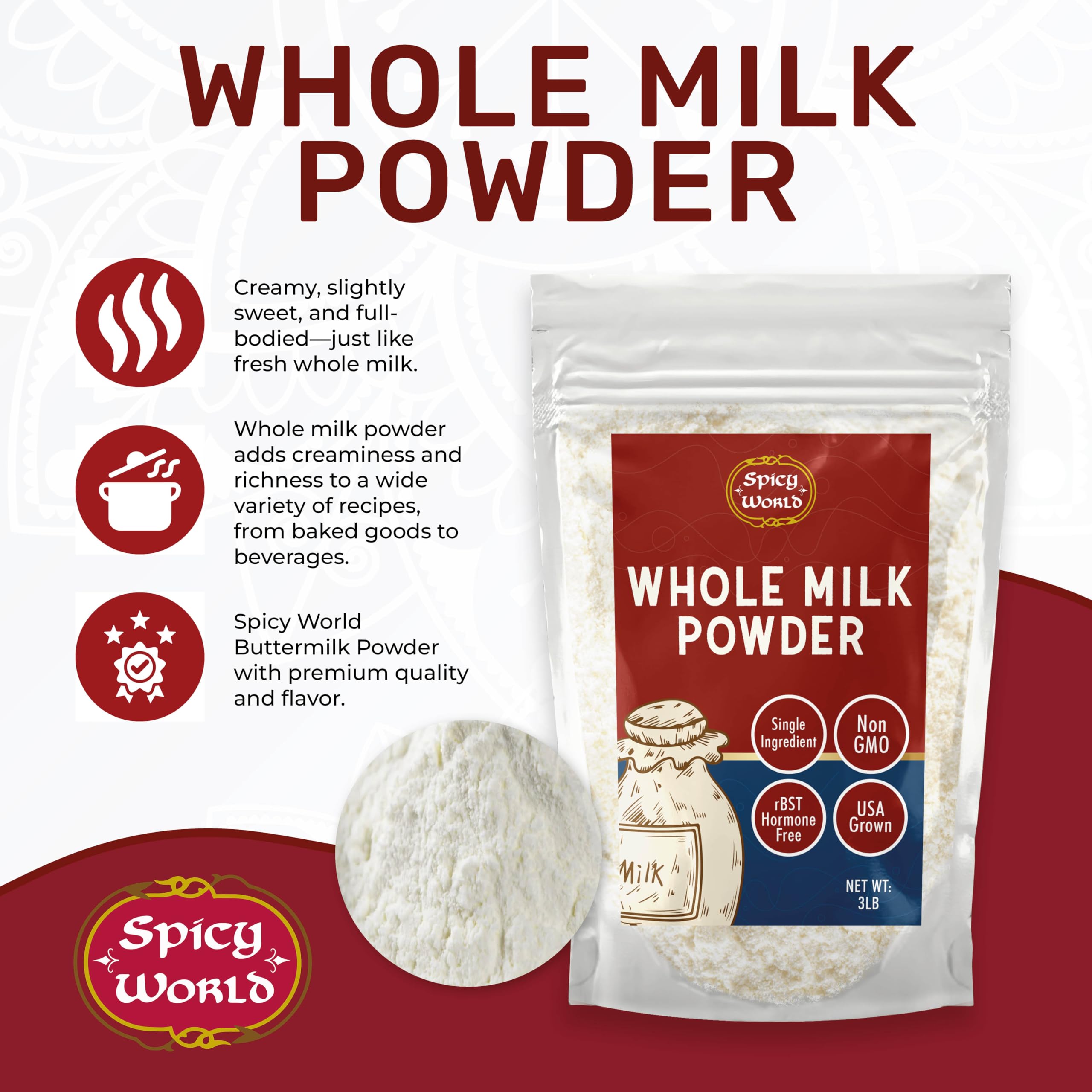 Amazon.com: Spicy World Whole Milk Powder 3 LB Bulk Bag - RBST